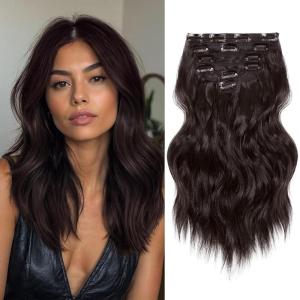 imageNAYOO Clip in Hair Extensions for Women 20 Inch Long Wavy Curly Auburn Hairpieces Full Head Synthetic Hair Hairpieces6PCSAuburnDark Brown
