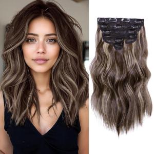 imageNAYOO Clip in Hair Extensions for Women 20 Inch Long Wavy Curly Auburn Hairpieces Full Head Synthetic Hair Hairpieces6PCSAuburnDark Brown Mix Blonde