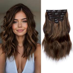 imageNAYOO Clip in Hair Extensions for Women 20 Inch Long Wavy Curly Auburn Hairpieces Full Head Synthetic Hair Hairpieces6PCSAuburnDark Brown Mix Chestnut