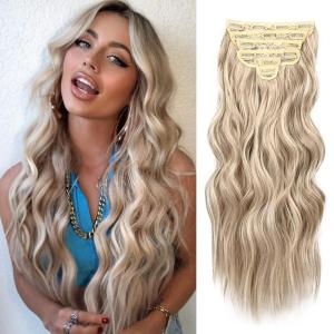 imageNAYOO Clip in Hair Extensions for Women 20 Inch Long Wavy Curly Auburn Hairpieces Full Head Synthetic Hair Hairpieces6PCSAuburnDirty Blonde