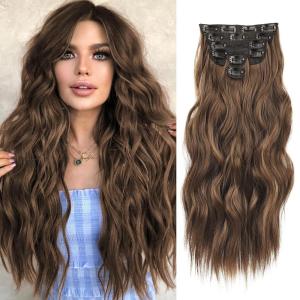 imageNAYOO Clip in Hair Extensions for Women 20 Inch Long Wavy Curly Auburn Hairpieces Full Head Synthetic Hair Hairpieces6PCSAuburnMedium Brown