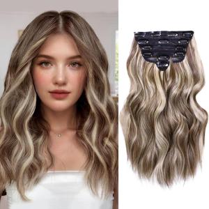 imageNAYOO Clip in Hair Extensions for Women 20 Inch Long Wavy Curly Auburn Hairpieces Full Head Synthetic Hair Hairpieces6PCSAuburnMedium Brown Ash Blonde