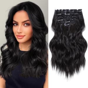 imageNAYOO Clip in Hair Extensions for Women 20 Inch Long Wavy Curly Auburn Hairpieces Full Head Synthetic Hair Hairpieces6PCSAuburnNatural Black