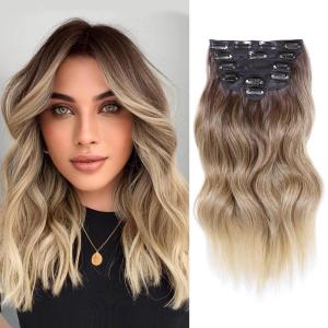 imageNAYOO Clip in Hair Extensions for Women 20 Inch Long Wavy Curly Auburn Hairpieces Full Head Synthetic Hair Hairpieces6PCSAuburnOmbre Brown to Blonde