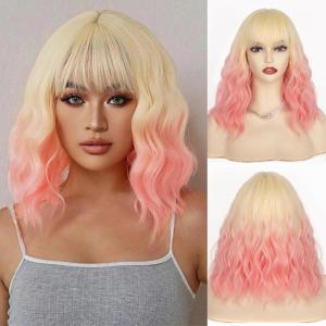 imageNAYOO Dark Green Wig with Bangs 14 Inch Bob Wig with Bangs Shoulder Length Green Short Wig for Daily Party UseBlonde to Pink