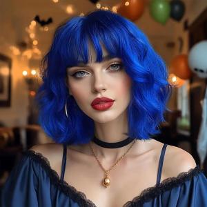 imageNAYOO Dark Green Wig with Bangs 14 Inch Bob Wig with Bangs Shoulder Length Green Short Wig for Daily Party UseBlue