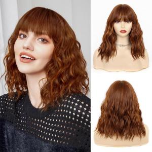 imageNAYOO Dark Green Wig with Bangs 14 Inch Bob Wig with Bangs Shoulder Length Green Short Wig for Daily Party UseBrown Highlight