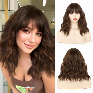 imageNAYOO Dark Green Wig with Bangs 14 Inch Bob Wig with Bangs Shoulder Length Green Short Wig for Daily Party UseDark Brown Highlight
