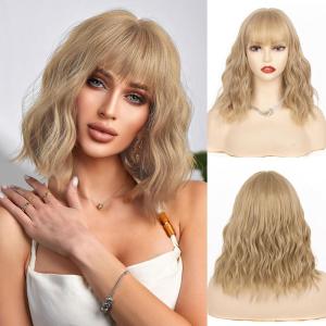imageNAYOO Dark Green Wig with Bangs 14 Inch Bob Wig with Bangs Shoulder Length Green Short Wig for Daily Party UseFlaxen Blonde