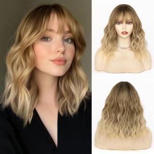 imageNAYOO Dark Green Wig with Bangs 14 Inch Bob Wig with Bangs Shoulder Length Green Short Wig for Daily Party UseOmbre Blonde