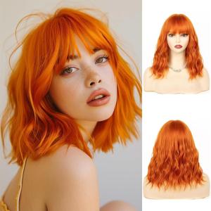 imageNAYOO Dark Green Wig with Bangs 14 Inch Bob Wig with Bangs Shoulder Length Green Short Wig for Daily Party UseOrange