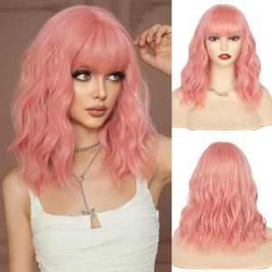 imageNAYOO Dark Green Wig with Bangs 14 Inch Bob Wig with Bangs Shoulder Length Green Short Wig for Daily Party UsePink