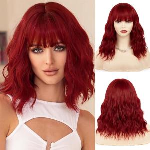 imageNAYOO Dark Green Wig with Bangs 14 Inch Bob Wig with Bangs Shoulder Length Green Short Wig for Daily Party UseRed