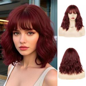 imageNAYOO Dark Green Wig with Bangs 14 Inch Bob Wig with Bangs Shoulder Length Green Short Wig for Daily Party UseWine Red