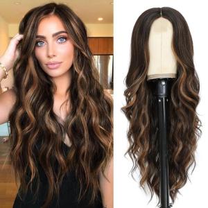 imageNAYOO Long Ombre Blonde Wavy Wig for Women 26 Inch Middle Part Curly Wavy Wig Natural Looking Synthetic Heat Resistant Fiber for Daily Party Use Ombre BlondeDark Brown Mixed Chestnut