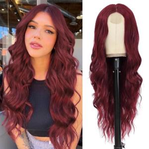 imageNAYOO Long Ombre Blonde Wavy Wig for Women 26 Inch Middle Part Curly Wavy Wig Natural Looking Synthetic Heat Resistant Fiber for Daily Party Use Ombre BlondeWine Red