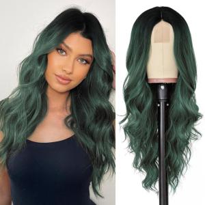 imageNAYOO Long Ombre Blonde Wavy Wig for Women 26 Inch Middle Part Curly Wavy Wig Natural Looking Synthetic Heat Resistant Fiber for Daily Party Use Ombre BlondeOmbre Green