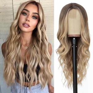 imageNAYOO Long Ombre Blonde Wavy Wig for Women 26 Inch Middle Part Curly Wavy Wig Natural Looking Synthetic Heat Resistant Fiber for Daily Party Use Ombre BlondeOmbre Blonde