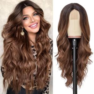 imageNAYOO Long Ombre Blonde Wavy Wig for Women 26 Inch Middle Part Curly Wavy Wig Natural Looking Synthetic Heat Resistant Fiber for Daily Party Use Ombre BlondeOmbre Brown