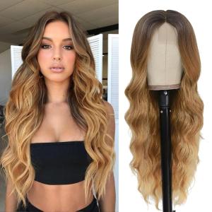 imageNAYOO Long Ombre Blonde Wavy Wig for Women 26 Inch Middle Part Curly Wavy Wig Natural Looking Synthetic Heat Resistant Fiber for Daily Party Use Ombre BlondeHoney Blonde