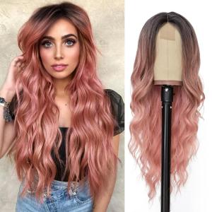 imageNAYOO Long Ombre Blonde Wavy Wig for Women 26 Inch Middle Part Curly Wavy Wig Natural Looking Synthetic Heat Resistant Fiber for Daily Party Use Ombre BlondeOmbre Pink