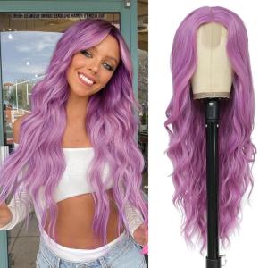 imageNAYOO Long Ombre Blonde Wavy Wig for Women 26 Inch Middle Part Curly Wavy Wig Natural Looking Synthetic Heat Resistant Fiber for Daily Party Use Ombre BlondePurple