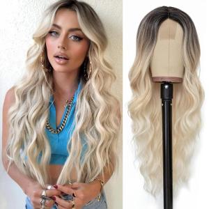 imageNAYOO Long Ombre Blonde Wavy Wig for Women 26 Inch Middle Part Curly Wavy Wig Natural Looking Synthetic Heat Resistant Fiber for Daily Party Use Ombre BlondePlatinum Blonde