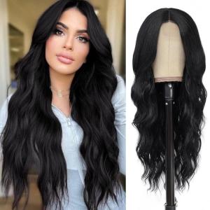 imageNAYOO Long Wavy Wigs for Women Dark Brown Middle Part Wig Synthetic Heat Resistant Fiber Women Wigs for Daily Party Use 26 Inch Dark BrownBlack