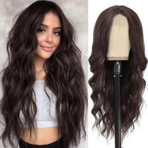 imageNAYOO Long Wavy Wigs for Women Dark Brown Middle Part Wig Synthetic Heat Resistant Fiber Women Wigs for Daily Party Use 26 Inch Dark BrownDark Brown