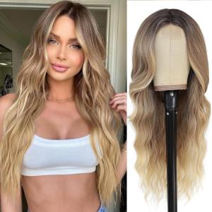 imageNAYOO Long Wavy Wigs for Women Dark Brown Middle Part Wig Synthetic Heat Resistant Fiber Women Wigs for Daily Party Use 26 Inch Dark BrownOmbre Blonde