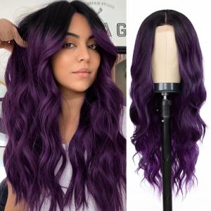 imageNAYOO Long Wavy Wigs for Women Dark Brown Middle Part Wig Synthetic Heat Resistant Fiber Women Wigs for Daily Party Use 26 Inch Dark BrownOmbre Dark Purple