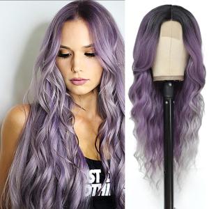 imageNAYOO Long Wavy Wigs for Women Dark Brown Middle Part Wig Synthetic Heat Resistant Fiber Women Wigs for Daily Party Use 26 Inch Dark BrownOmbre Purple