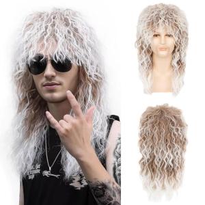 imageNAYOO Mens 80s Mullet Wig  Halloween Costume Male Punk Heavy Metal Rocker  Curly Long Brown and White Glam Rock HairBrown and White