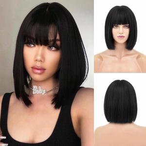 imageNAYOO Blonde Bob Wig with Bangs 12 Inch Short Blonde Wigs for Women Easy To Wear Straight Bob Wig Natural Look Colorful Wigs With Bangs Synthetic Wig For Everyday Use Parties613Black
