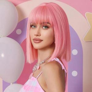 imageNAYOO Blonde Bob Wig with Bangs 12 Inch Short Blonde Wigs for Women Easy To Wear Straight Bob Wig Natural Look Colorful Wigs With Bangs Synthetic Wig For Everyday Use Parties613Pink