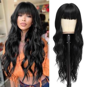 imageNAYOO Black Wigs with Bangs for Women Long Curly Wavy Hair Wigs Heat Resistant Synthetic Fiber Wigs for Daily Party Use 26 Inches BlackBlack
