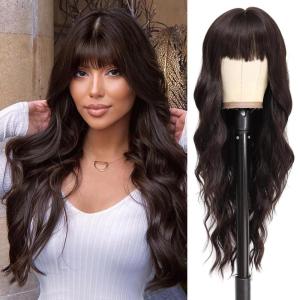 imageNAYOO Black Wigs with Bangs for Women Long Curly Wavy Hair Wigs Heat Resistant Synthetic Fiber Wigs for Daily Party Use 26 Inches BlackDark Brown