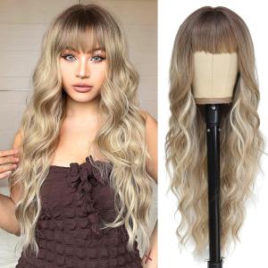 imageNAYOO Black Wigs with Bangs for Women Long Curly Wavy Hair Wigs Heat Resistant Synthetic Fiber Wigs for Daily Party Use 26 Inches BlackDirty Blonde