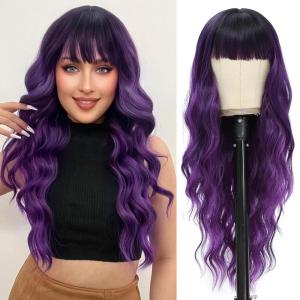 imageNAYOO Black Wigs with Bangs for Women Long Curly Wavy Hair Wigs Heat Resistant Synthetic Fiber Wigs for Daily Party Use 26 Inches BlackOmbre Purple