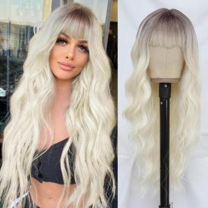 imageNAYOO Black Wigs with Bangs for Women Long Curly Wavy Hair Wigs Heat Resistant Synthetic Fiber Wigs for Daily Party Use 26 Inches BlackPlatinum Blonde