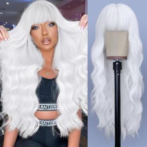 imageNAYOO Black Wigs with Bangs for Women Long Curly Wavy Hair Wigs Heat Resistant Synthetic Fiber Wigs for Daily Party Use 26 Inches BlackWhite