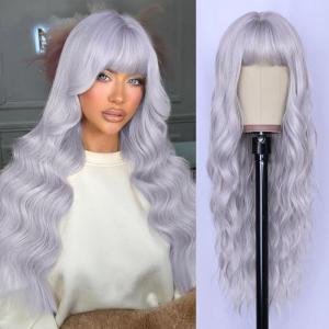 imageNAYOO Blonde Wigs with Bangs for Women Long Curly Wavy Hair Wigs Heat Resistant Synthetic Fiber Wigs for Daily Party Use 26 Inches Dirty BlondeSilver Gray