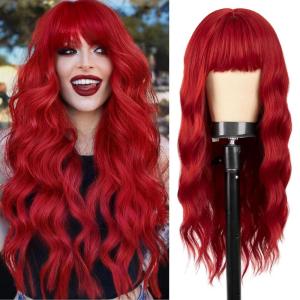 imageNAYOO Wig with Bangs Long Natural Wavy Synthetic Wigs for Women 26 Inches Long Heat Resistant Fiber Wigs for Cosplay Party UseHalloween Use Red 26 InchRed