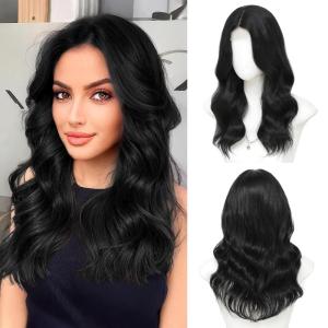 imageOmbre Orange Medium Length Wigs for Women 18 Inch Middle Part Synthetic Hair Wavy Wig  Natural Hairline Wig for Daily PartyHalloween UseOmbre Orange18 InchBlack