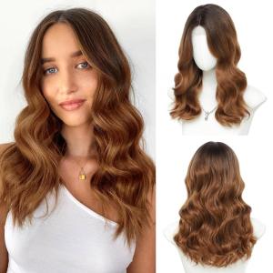 imageOmbre Orange Medium Length Wigs for Women 18 Inch Middle Part Synthetic Hair Wavy Wig  Natural Hairline Wig for Daily PartyHalloween UseOmbre Orange18 InchBrown to Strawberry Blonde