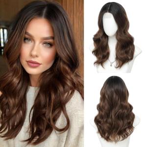 imageOmbre Orange Medium Length Wigs for Women 18 Inch Middle Part Synthetic Hair Wavy Wig  Natural Hairline Wig for Daily PartyHalloween UseOmbre Orange18 InchOmbre Brown