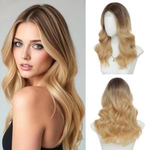 imageOmbre Orange Medium Length Wigs for Women 18 Inch Middle Part Synthetic Hair Wavy Wig  Natural Hairline Wig for Daily PartyHalloween UseOmbre Orange18 InchBrown to Blonde