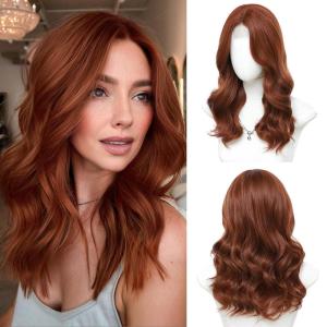 imageOmbre Orange Medium Length Wigs for Women 18 Inch Middle Part Synthetic Hair Wavy Wig  Natural Hairline Wig for Daily PartyHalloween UseOmbre Orange18 InchAuburn