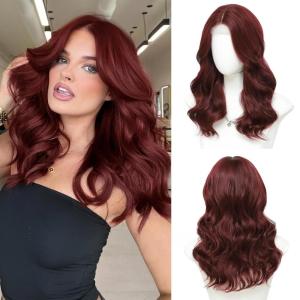 imageOmbre Orange Medium Length Wigs for Women 18 Inch Middle Part Synthetic Hair Wavy Wig  Natural Hairline Wig for Daily PartyHalloween UseOmbre Orange18 InchWine Red