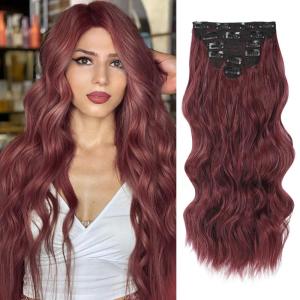 imageNAYOO Clip in Hair Extensions for Women 20 Inch Long Wavy curly Wine Red Hair Extension Full Head Synthetic Hair Extension Hairpieces 6PCS Wine Red